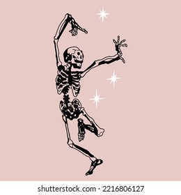 dancing skeleton.vintage illustration in linear style.typography t-shirt print.vector illustration for different uses