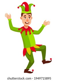 Dancing smiling jester. Male character in cartoon style.