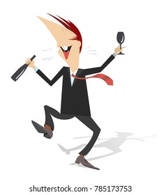 Dancing smiling man with bottle of wine and footed tumbler isolated on white vector illustration