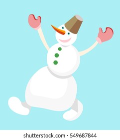 Dancing snowman with a bucket on his head on a blue background. Vector character isolated. The style of animation, cartoon