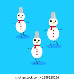 Dancing snowman set of cartoon characters in red scarves on a blue background concept of winter and cold season