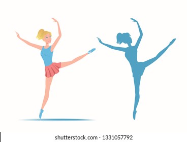 Dancing sportive and young ballerina. Set of woman dancer and her silhouette on a white background. Vector illustration EPS-8