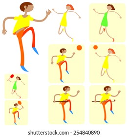 Dancing and sports persons. Boys and girls. Men and women. Flat. Set.