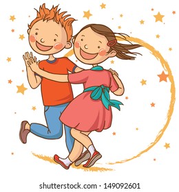 Dancing with the star. Two cute dancing children. School activities. Back to School isolated objects on white background. Great illustration for a school books and more. VECTOR. Editorial. Education.