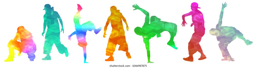 Dancing street dance silhouettes in urban style on white background, vector illustration