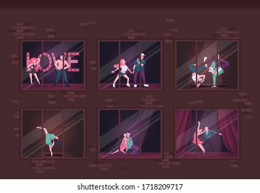 Dancing studio flat color vector illustration. Ballrooms with people on different floors. Dancer clubs in windows. Fun activity 2D cartoon characters inside with interior on background