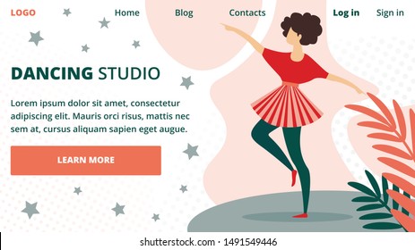 Dancing Studio Horizontal Banner With Young Woman Dancing In City Park Outdoors, Girl Performing Or Relaxing, Music Entertainment, Festival Talent Show, Dance Class Cartoon. Flat Vector Illustration