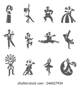 Dancing styles black icon set with elegant dressed couples isolated vector illustration