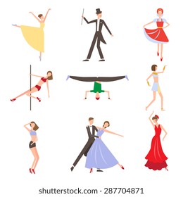 Dancing styles flat set with elegant dressed couples isolated vector illustration