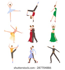 Dancing styles flat set with elegant dressed couples isolated vector illustration