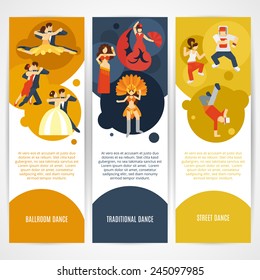 Dancing styles flat vertical banner set with ballroom street traditional elements isolated vector illustration