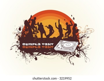  dancing in the sunset people silhouettes,floral & grunge banner for text, turntable