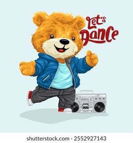 Oso de peluche bailando con Boombox y "Let's Dance" Texto, Ilustración vectorial