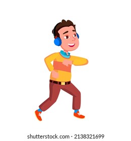 Dancing Teen Boy With Positive Expression Vector. Caucasian Teenager Listening Music In Earphones And Dancing Energy Dance. Cheerful Character Dancer Active Funny Time Flat Cartoon Illustration