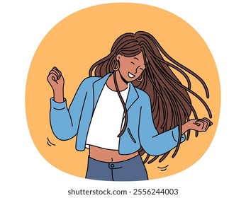 Dancing teenage girl enjoys rhythmic movements to music and swings long dreadlocks. Dancing ethnic woman in casual clothes, relaxing at disco or nightclub and dreams of becoming professional dancer