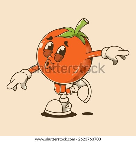 A dancing tomato character with joyful retro energy style