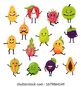 Dancing tropical exotic fruits in character hand drawn fruity food tropic vector illustration isolated on white. Comic funny papaya, lychee, rambutan, durian smiles. Healthy fruits with hands, foots.