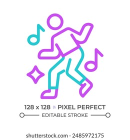 Dancing two color line icon. Nightlife. Essence of movement and fun. Musical notes and sparkle bicolor outline symbol. Duotone linear pictogram. Isolated illustration. Editable stroke