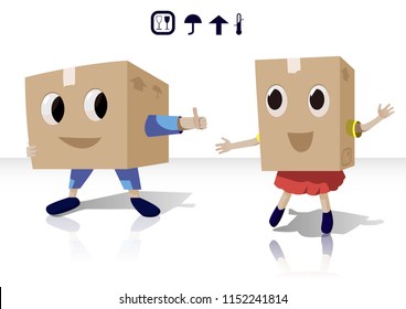 dancing of two cute cartoon parcels.