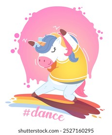 Dancing unicorn character. Dancer at party poster. Cool cartoon dance star magical animal creature posing. Cute colorful fantasy children holiday fun background concept flat vector illustration