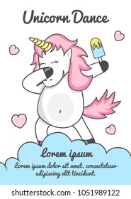 Dancing unicorn on the cloud. Postcard with a unicorn