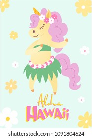 Dancing unicorn on an island vacation. Vector tropical card.