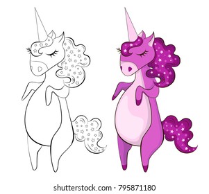 The dancing unicorn superstar stands on the hind legs of pink, purple, crimson, ultraviolet, purple, lilac flowers with stars on a lush tail and mane. Coloring