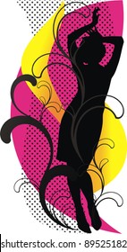 Dancing vector girl - black silhouette - on decorative  yellow and pink background with flower ornament and little black stars