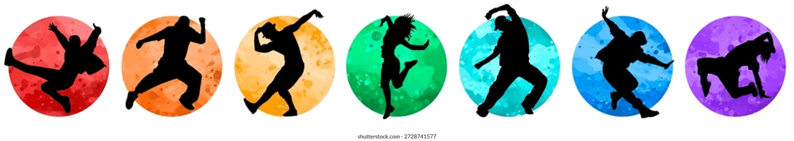 Bailando Ilustración vectorial. Siluetas de personas bailando sobre un fondo de acuarela.
