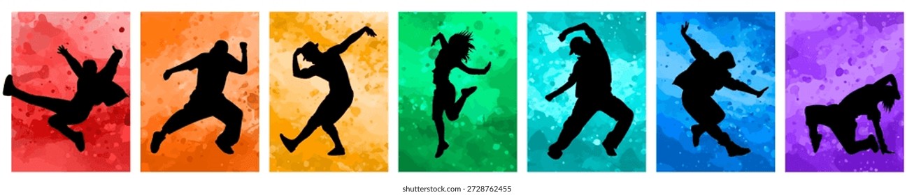 Tanzende Vektorgrafik. Silhouetten von tanzenden Menschen auf Aquarellhintergrund.