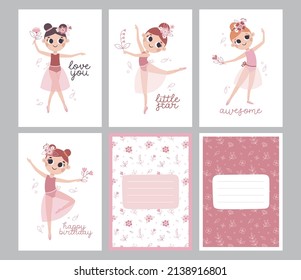 Dancing vector set cards of girl ballerinas with numbers, flowers, leaves, plants and floral elements in trendy colors for birthday.