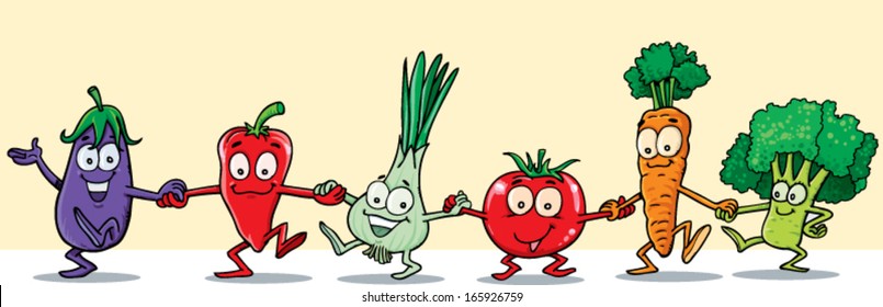 Dancing vegetable mascots. Vector.