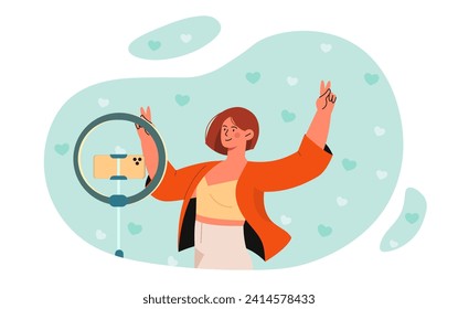 Dancing video by smartphone camera. Woman blogger record video for social networks and messengers. Famous person create interesting content for internet. Cartoon flat vector illustration