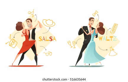 Dancing waltz and salsa couples 2 retro cartoon templates with traditional outlined accessories icons isolated vector illustration 