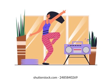 Concepto de Web bailable con escena de personas en diseño plano. Mujer entrenando danza moderna en clase de estudio, moviendo y escuchando música en el tocadiscos. Ilustración vectorial con la situación del carácter para el Web