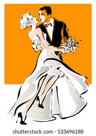 Dancing wedding couple, bride and groom sketch invitation vector illustration background