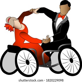 
Dancing in wheelchairs.
Woman in red dress, man in tuxedo and bow tie  