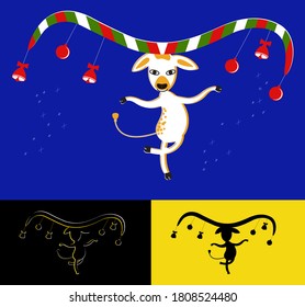 Dancing white cow with horns decorated with Christmas balls and bells