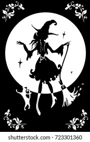 Dancing Witch with broom and cat. In big hat. Silhouette vector illustration
