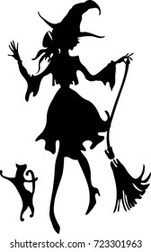 Dancing Witch with broom and cat. In big hat. Silhouette vector illustration