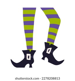 Dancing witches legs with boots and stockings, cartoon flat vector illustration isolated on white background. Halloween decoration element. Wicked witch in tights and shoes.