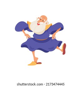 Dancing wizard. Cartoon illustration of a funny elderly sorcerer jumping for joy isolated on a white background. Vector 10 EPS.

