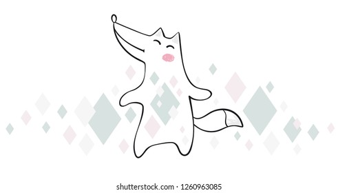 Dancing wolf baby print. Cute animal listens to music with simple abstract design. Cool wolfcub illustration for nursery, t-shirt, kids apparel, child party and baby shower invitation