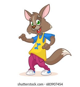 Dancing Wolf mascot: funny dancing wolf, disco style, cartoon character. Vector illustration.
Design for mascot, poster, logo, print, sticker or icon