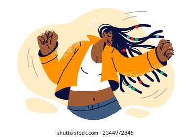 Dancing woman with african american appearance and long dreadlocks enjoying disco or friday party. Dancing energetic girl invites you to visit music festival or night club with dance floor