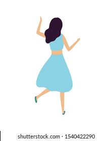 Dancing woman back view isolated cartoon character in flat style. Vector brunette girl at dance party, cute lady having fun enjoying music, female at concert
