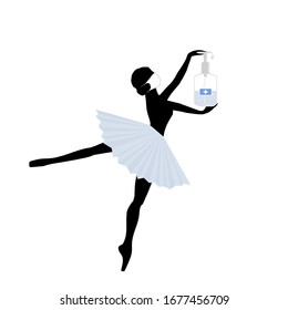 Dancing woman ballerina holds in her hands a dispenser with sanitizer disinfection gel. Vector isolated painting art