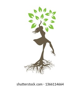 dancing woman become beautiful tree, logo. personal grow,  healing, connection with earth