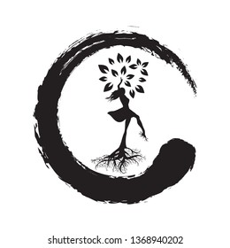 dancing woman become beautiful tree inside zen symbol, logo. personal grow,  healing, connection with earth