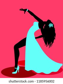 Dancing woman in blue wedding dress on pink background